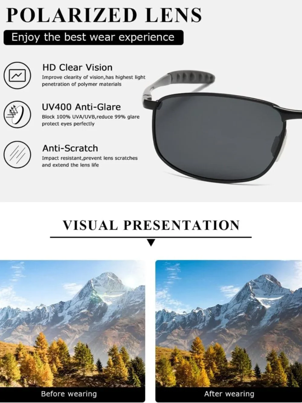 Men's Polarized Rectangular Sunglasses | UV400 Protection, Metal Frame, Retro